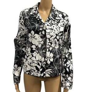 Liz Claiborne Black White Floral Print Cotton Snap Button Up Jacket Womens Large
